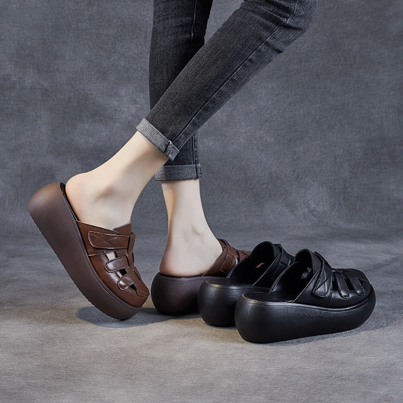 Women Retro Hollow Plaited Leather Wedge Slides Retractable High Heel Shoes