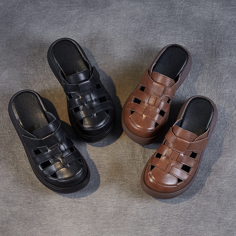 Women Retro Hollow Plaited Leather Wedge Slides Blue And White High Heels