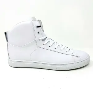 Clae Frazier White Leather Mens Premium Mid Top Casual Shoes Sneakers Smart Casual Tennis Shoes