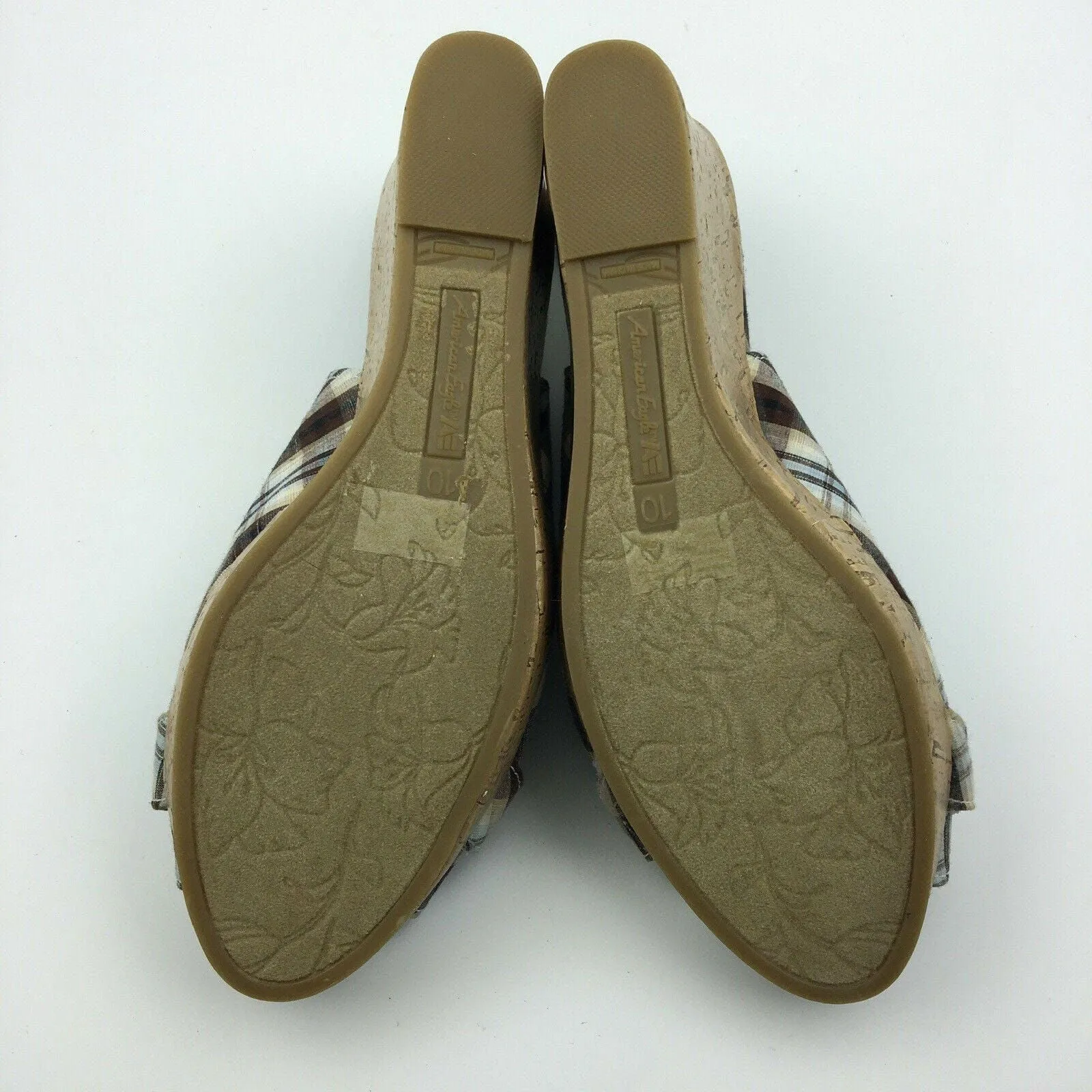 Flat Shoes For Casual Wear Fashionable American Eagle Womens Size 10 Cream Brown Plaid Cork Wedge Heels Shoes