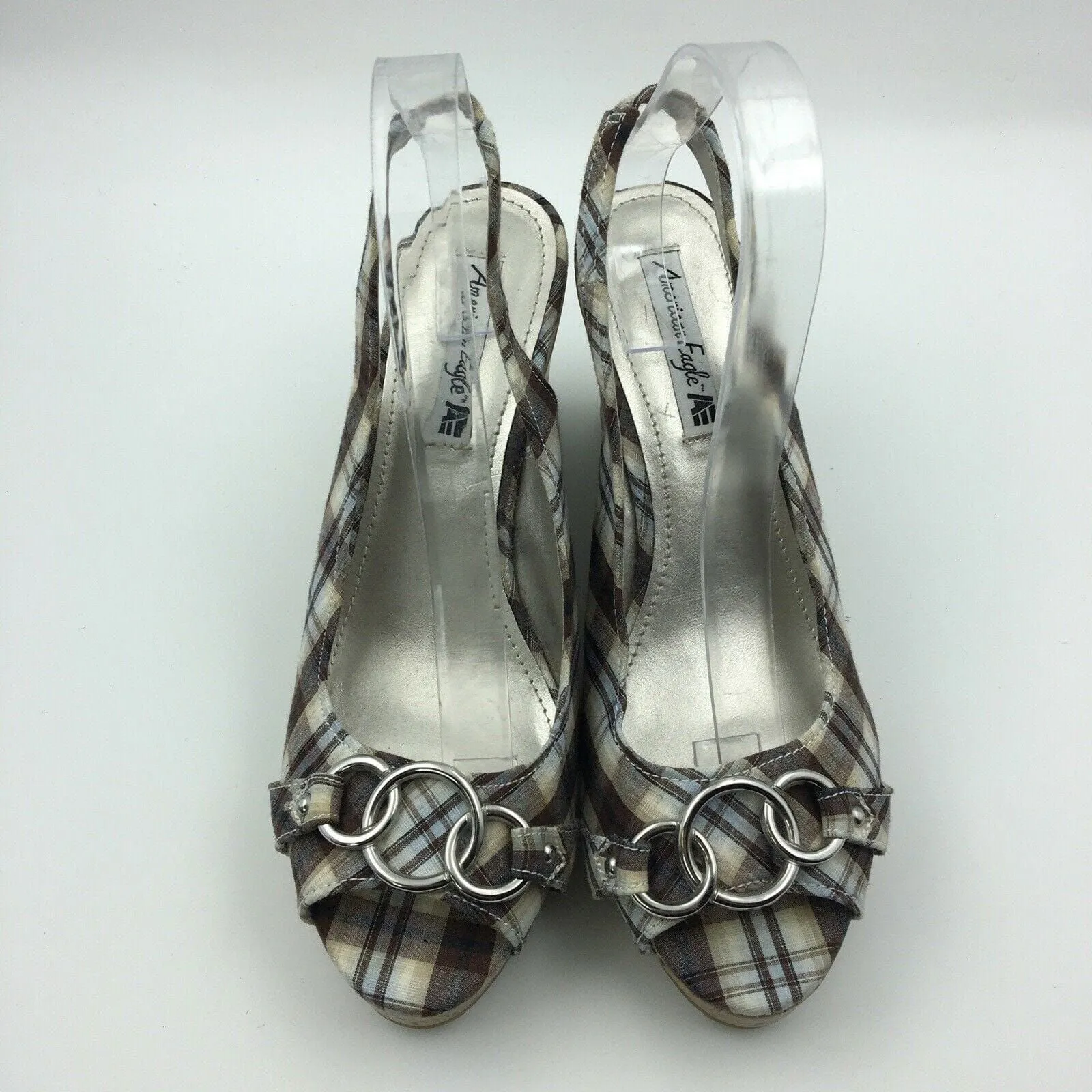 Fashionable American Eagle Womens Size 10 Cream Brown Plaid Cork Wedge Heels Shoes Casual Summer Shoes 2024