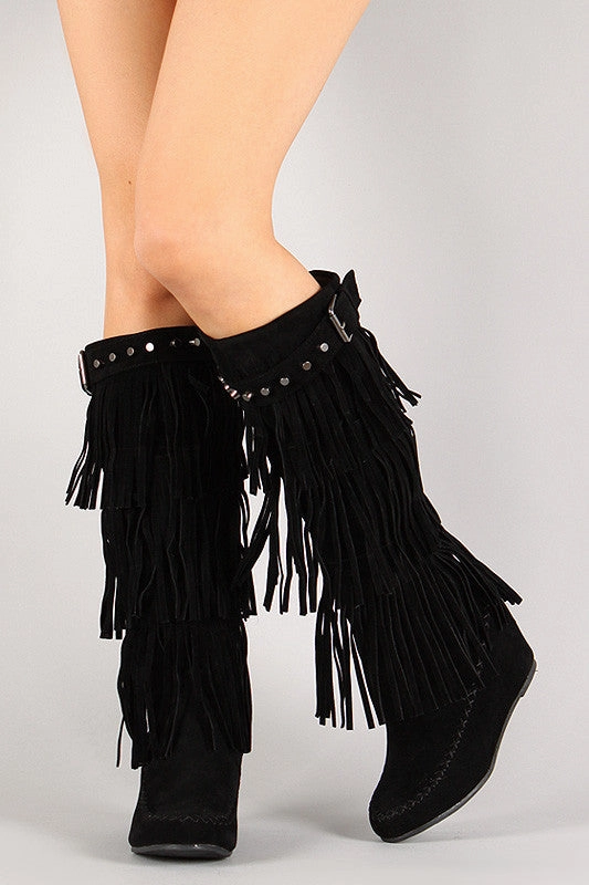 Fringe Studded Moccasin Knee High Wedge Boot Biggest Heels In The World