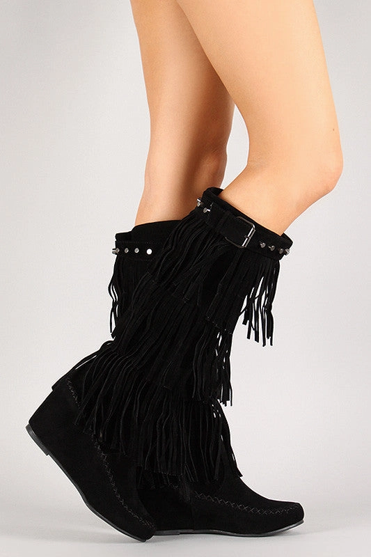 High Heel Protectors Fringe Studded Moccasin Knee High Wedge Boot