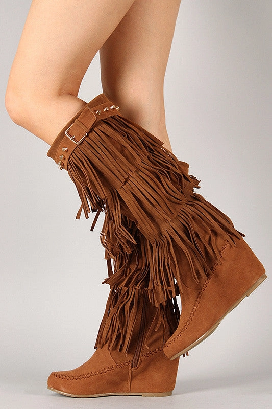 Fringe Studded Moccasin Knee High Wedge Boot Fashion High Heels