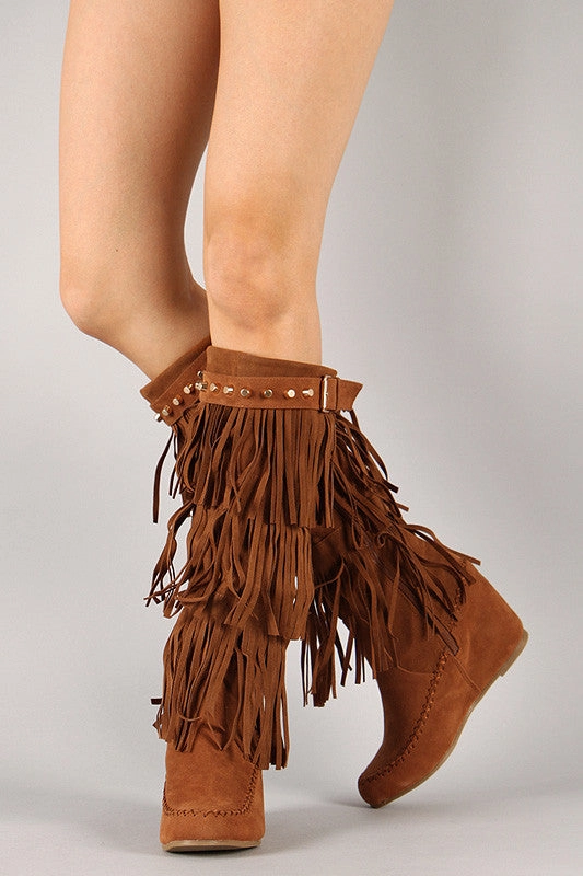 Punk Heel Shoes Fringe Studded Moccasin Knee High Wedge Boot
