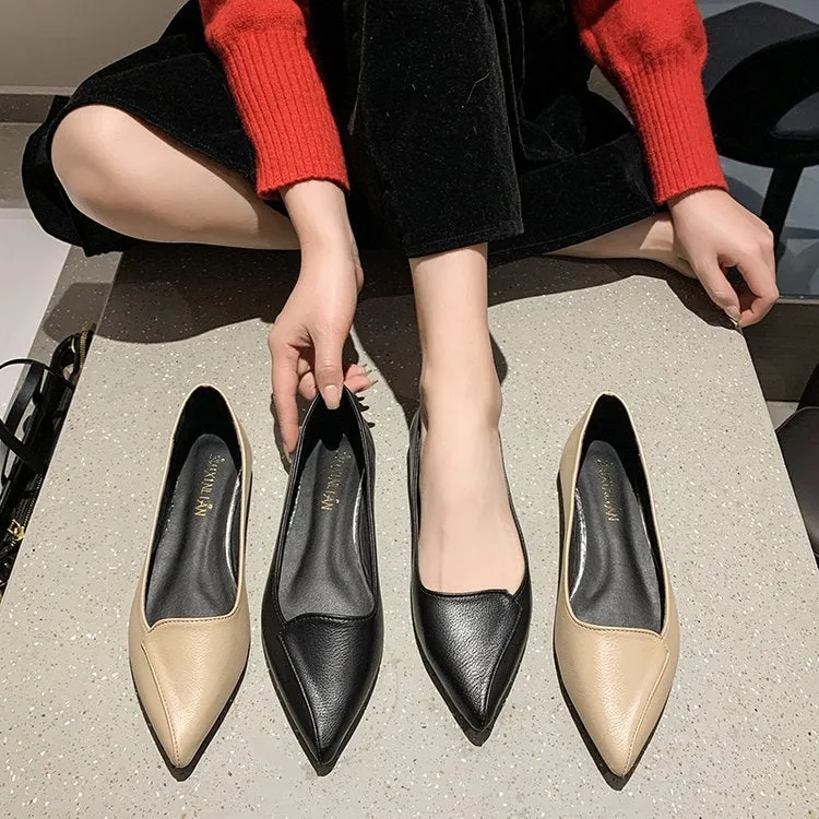Womens Pointed Toe Flats  Shallow Mouth PU Slip-On Dress Shoes Ruffle Flat Shoes