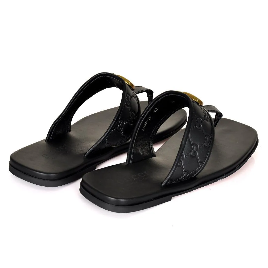 GC Created Leather Gold Logo Slippers- Black Slip On Ballet Slippers