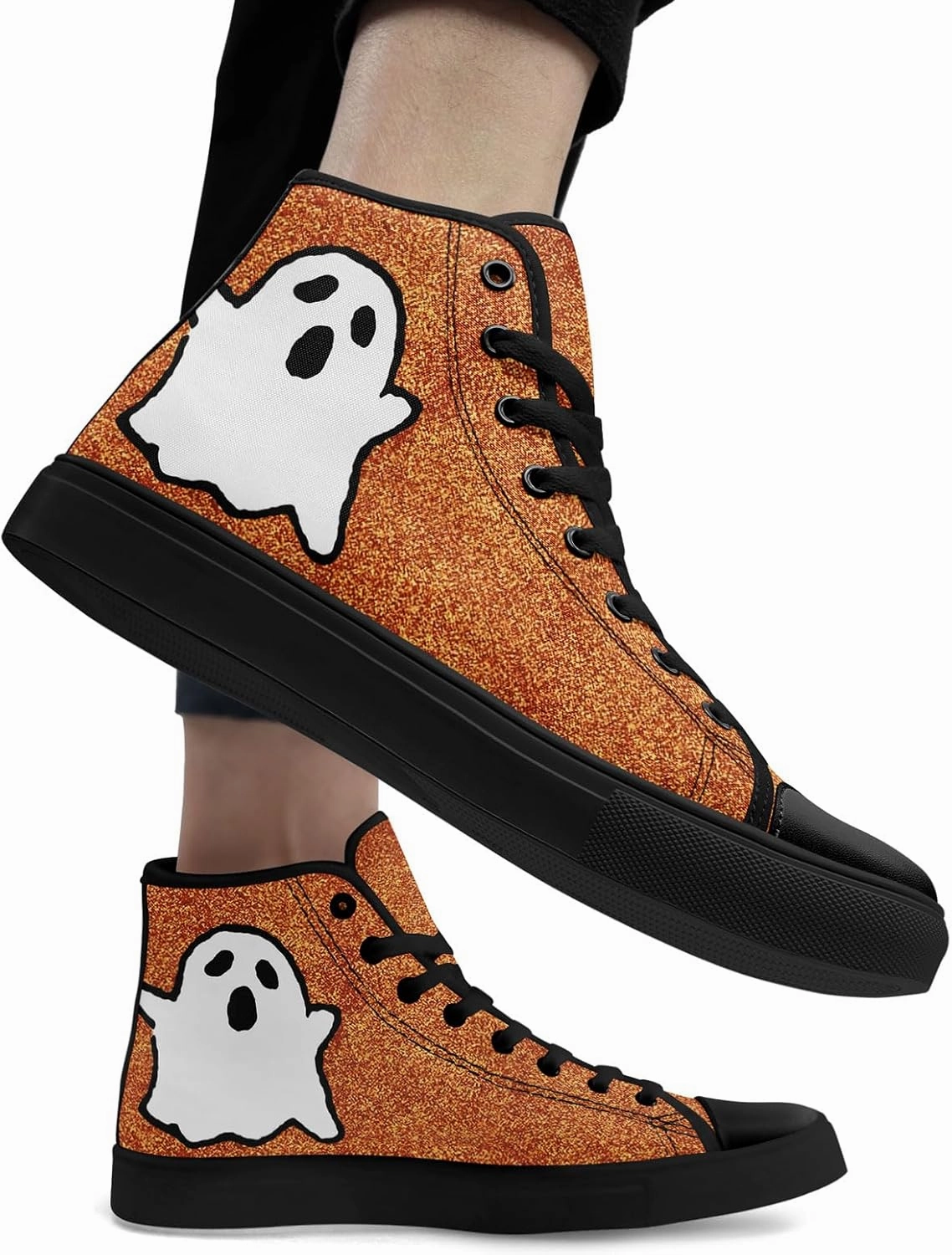 Glitter Halloween High Top Sneakers for Women, Gothic Print Lace-Up Fashion Sparkly Walking Shoes Casual Streetwear