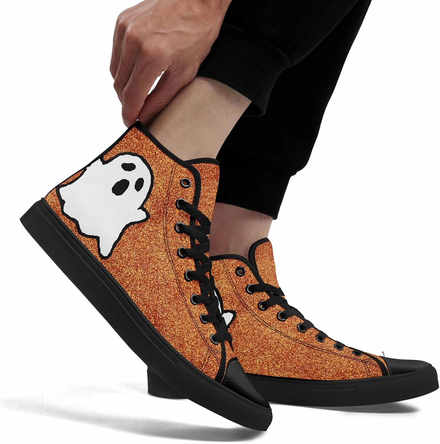 Glitter Halloween High Top Sneakers for Women, Gothic Print Lace-Up Fashion Sparkly Walking Shoes Casual Streetwear