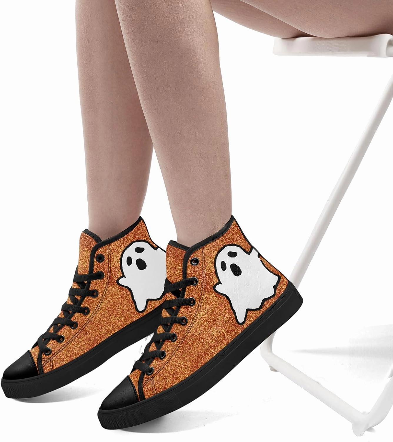 Glitter Halloween High Top Sneakers for Women, Gothic Print Lace-Up Fashion Sparkly Walking Shoes Casual Streetwear