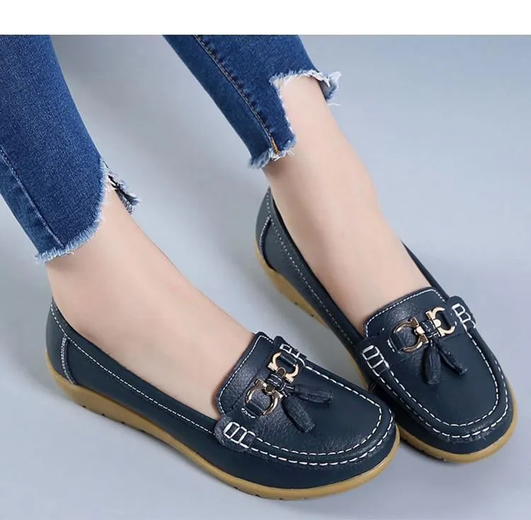 Sun Stone Shoes Flats GOT STYLE Womens Flat Split leather Boat Shoes with Bow knot