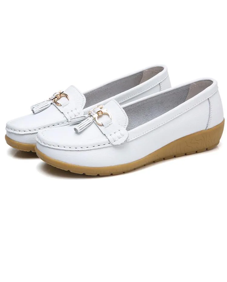 Flat Wide Fit Shoes GOT STYLE Womens Flat Split leather Boat Shoes with Bow knot