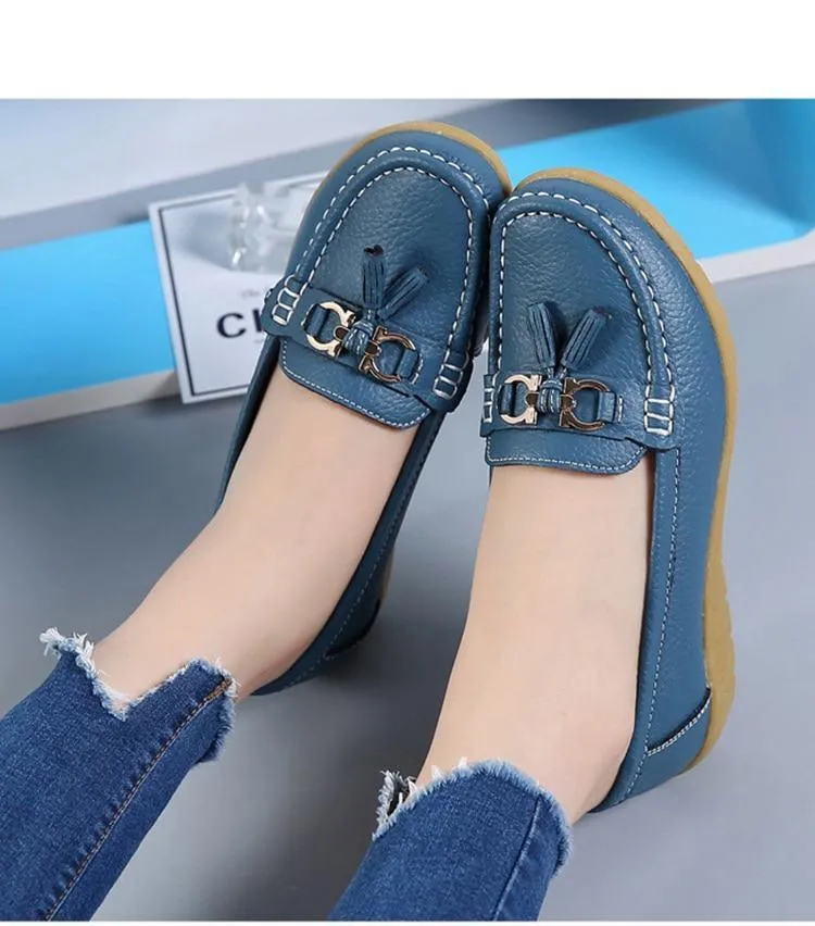 GOT STYLE Womens Flat Split leather Boat Shoes with Bow knot Flat Track Racing Steel Shoe