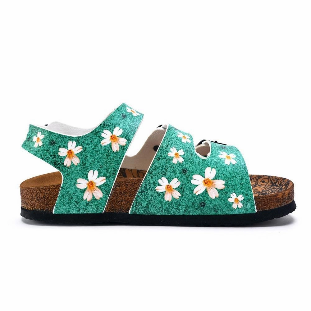 Green Light and White Flowers Patterned Clogs - CAL1904 Suede Mary Jane High Heels