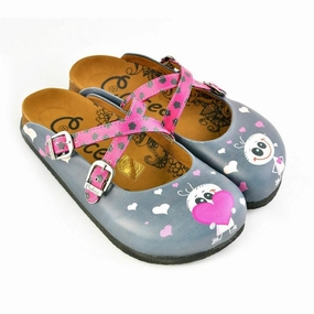 Suede Heels With Ankle Strap Grey and Pink Love, Cute Alien Patterned Clogs - WCAL167