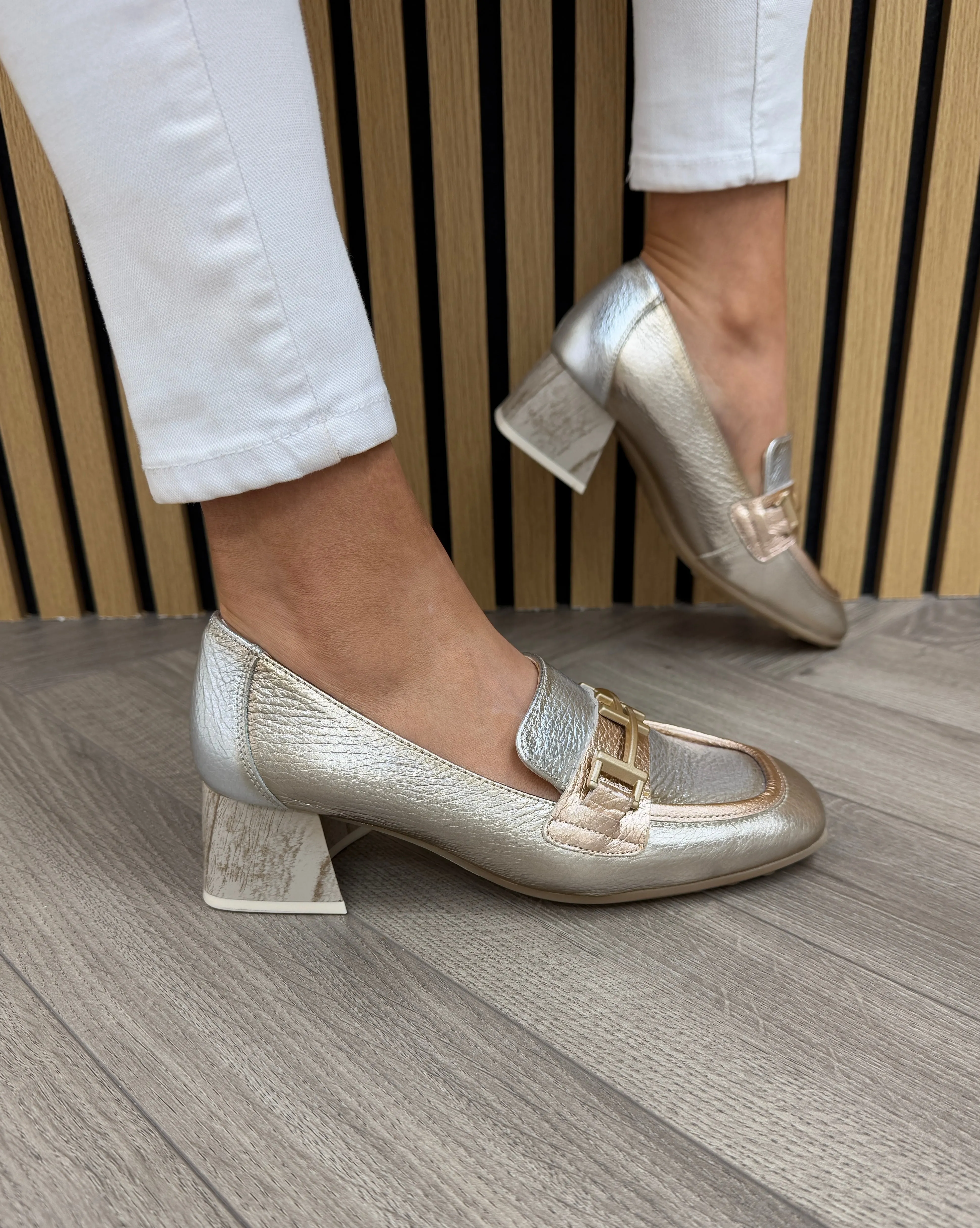 Ferragamo Loafers Suede Hispanitas (SS25) Metallic Heeled Loafer CHV254082 - Cava/Silver (H1)