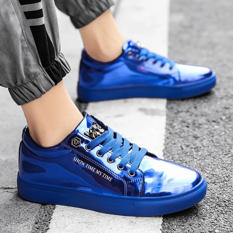 Hot Sale Casual Men's Shoes Blue Mirror Glitter Sneakers Men Flat Streetwear Hip Hop Men Luxury Designer Shoes chaussure homme Jeans And Flat Shoes Outfit