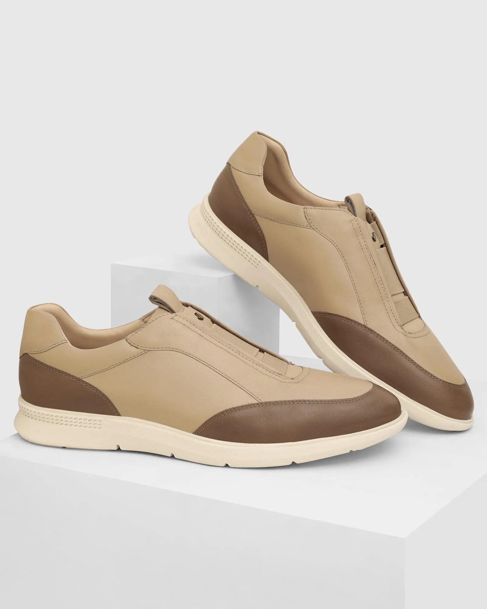 Casual Shoes That Look Formal Leather Beige Solid Sneakers - Tummi