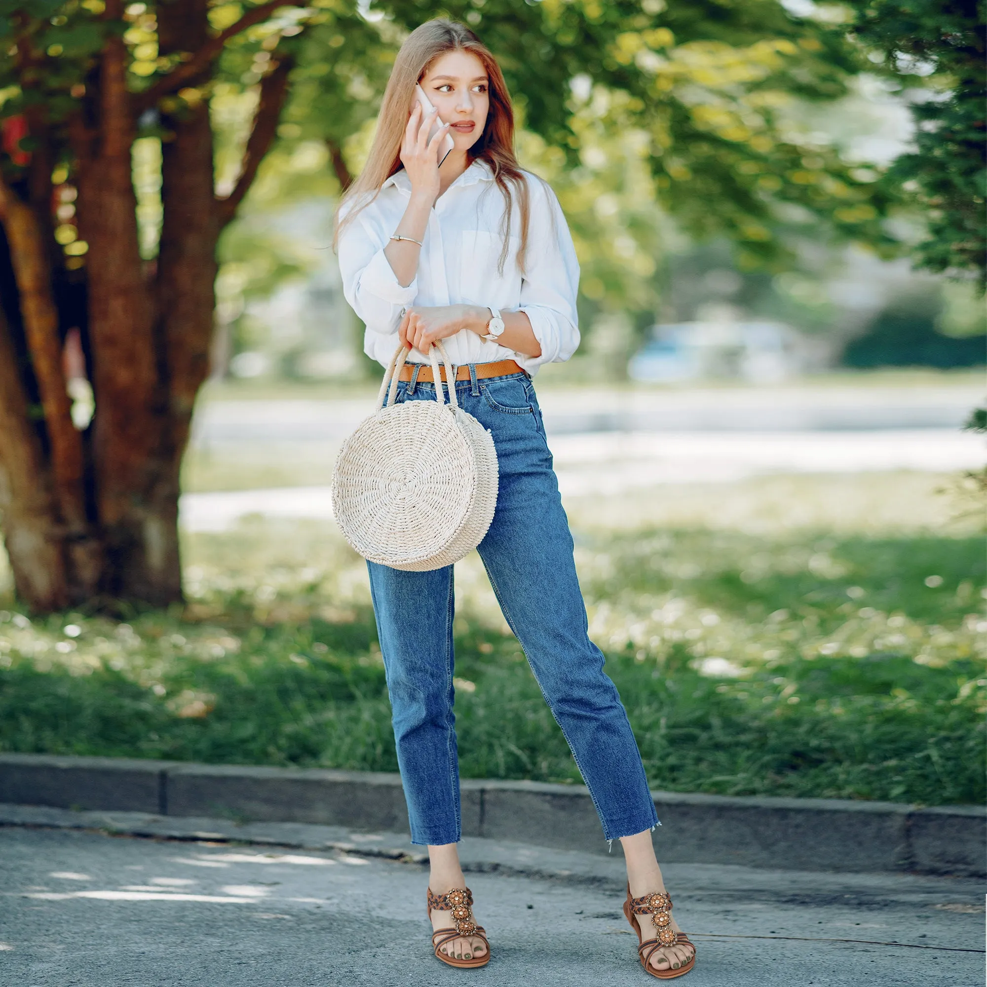 Ablanczoom Womens Sandals Rhinestone Flower Summer Flat Sandals for Women Dress Shoes Sandals With Thong