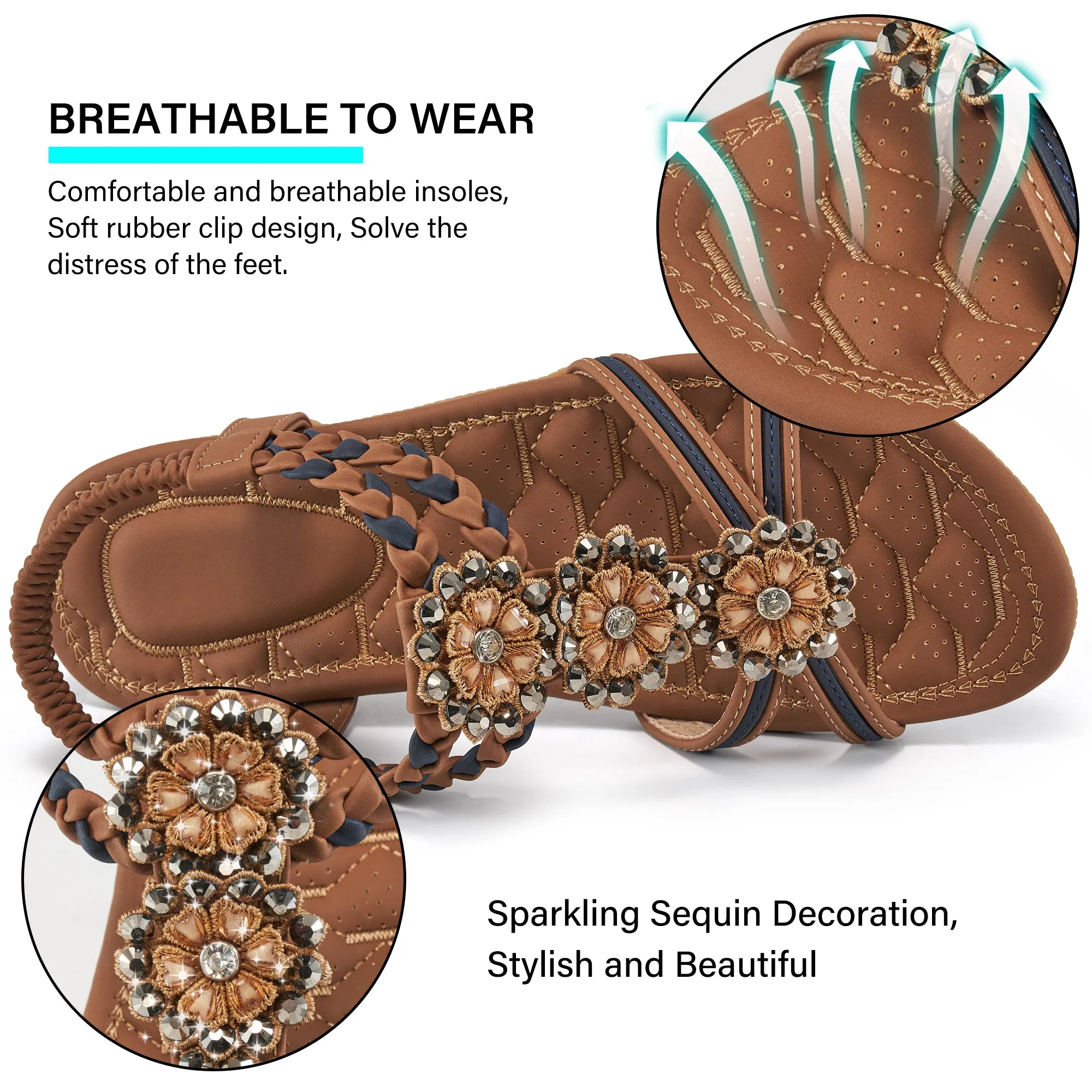 Ablanczoom Womens Sandals Rhinestone Flower Summer Flat Sandals for Women Dress Shoes Wrap Sandals