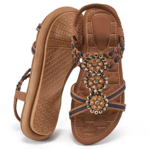 Ablanczoom Womens Sandals Rhinestone Flower Summer Flat Sandals for Women Dress Shoes Naturalized Sandals