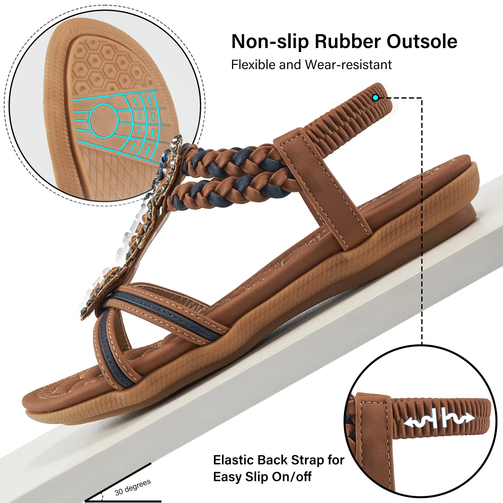 Ablanczoom Womens Sandals Rhinestone Flower Summer Flat Sandals for Women Dress Shoes Dressy Low Heel Sandals