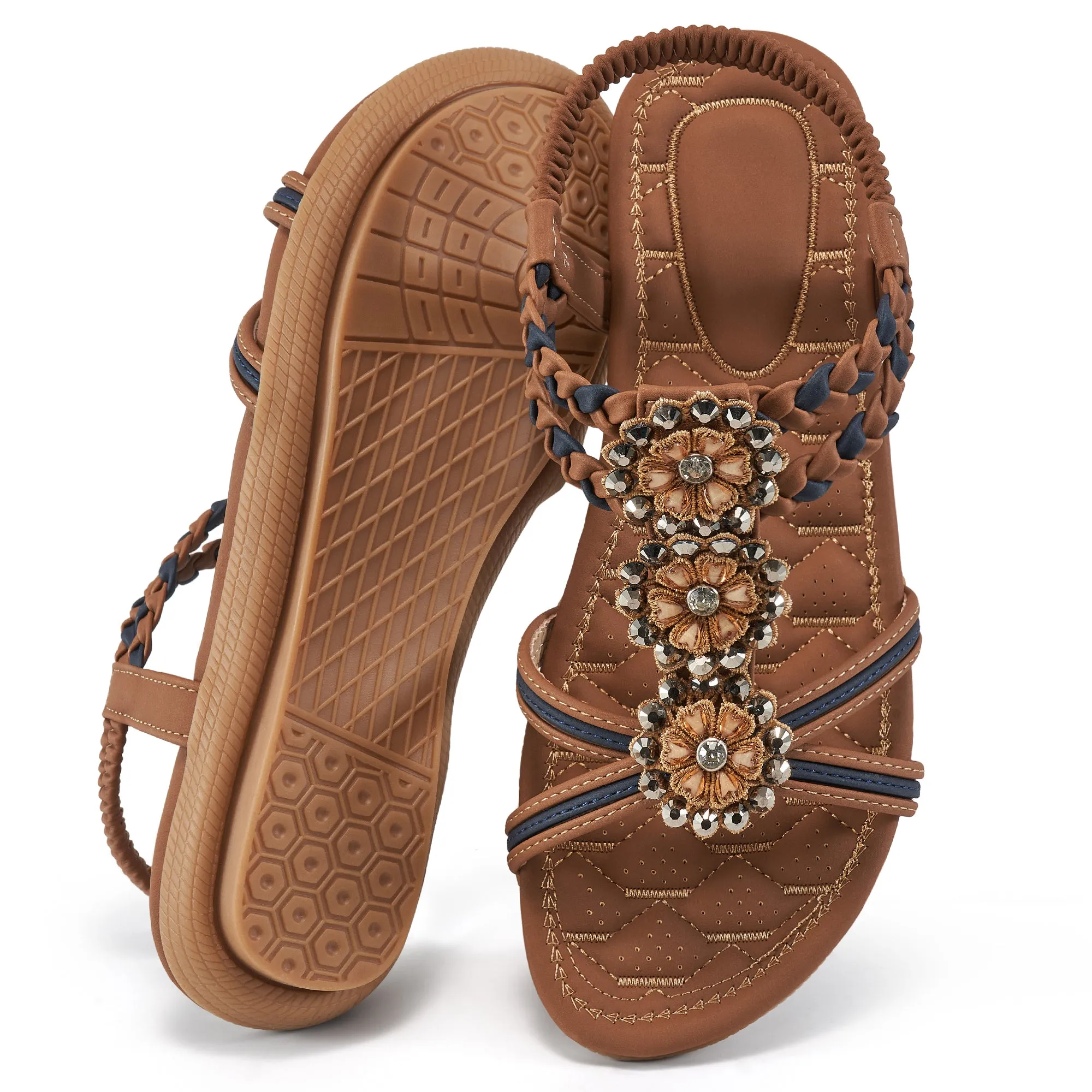 Academy Sandals Ablanczoom Womens Sandals Rhinestone Flower Summer Flat Sandals for Women Dress Shoes