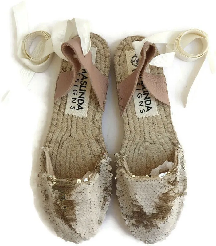 Sequin Espadrilles - Champagne Wedge Heel Thong Sandals