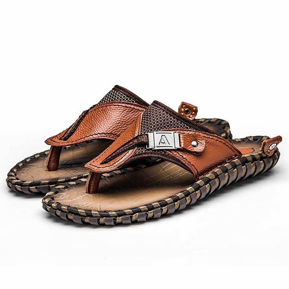 Open Flat Shoes Luxury Genuine Leather Slippers Summer Men Beach Shoes