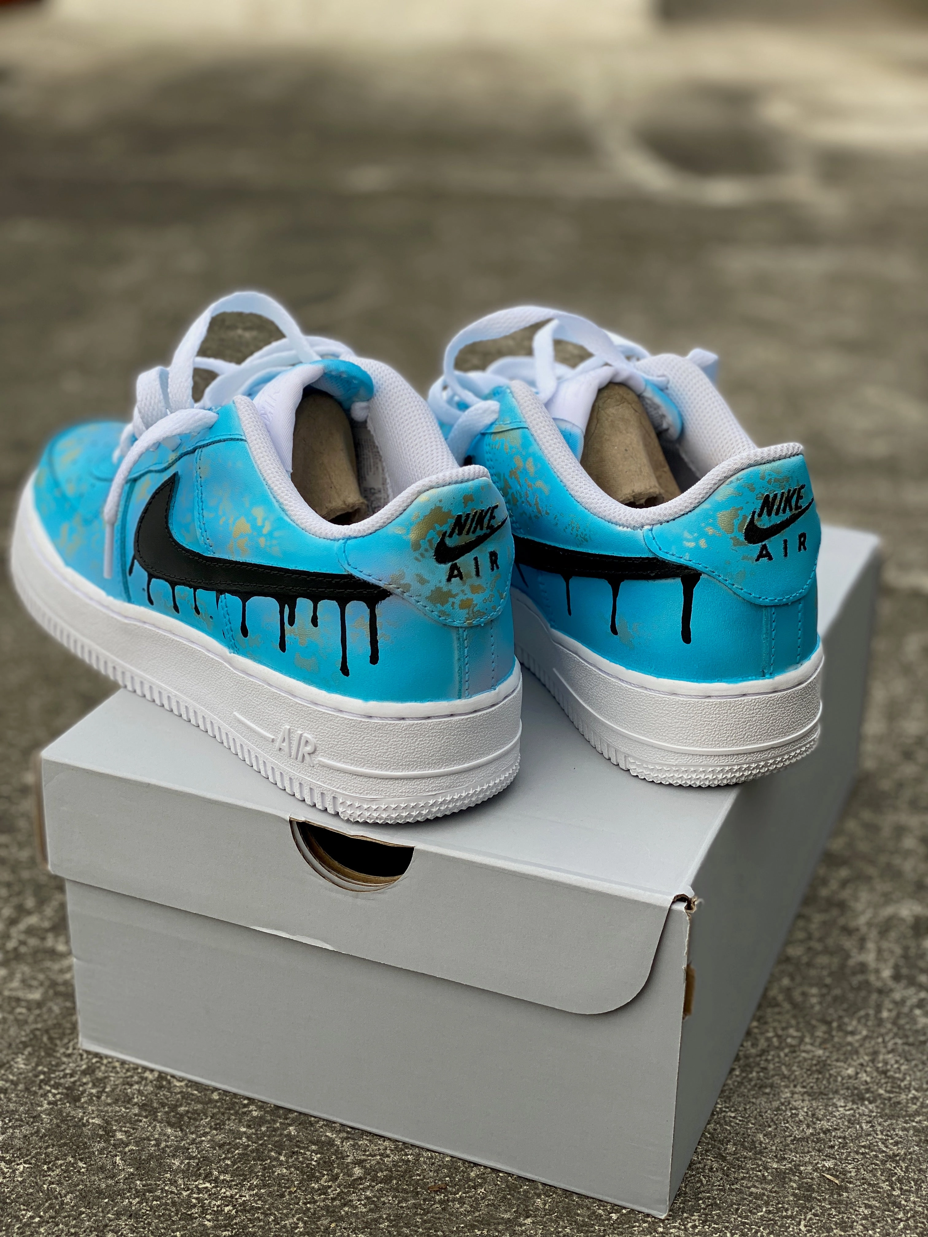 Custom Hand Painted Gold Speckled Blue Drip Nike Air Force 1 Nike Shoe Sizer