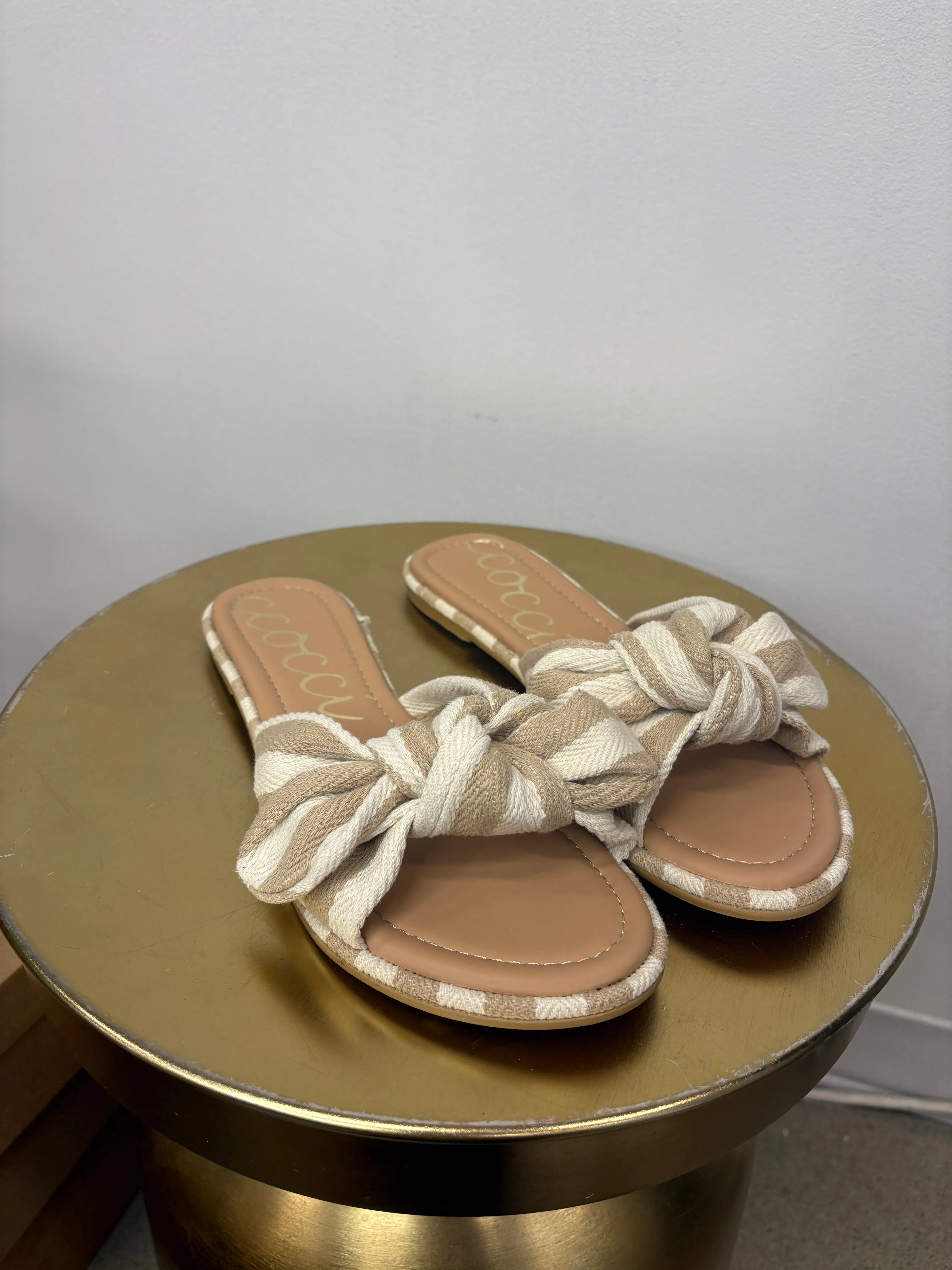 MISFIT ITEM - The Rachael Striped Knot Slides - Taupe // Size 9 Feminine Flat Shoes