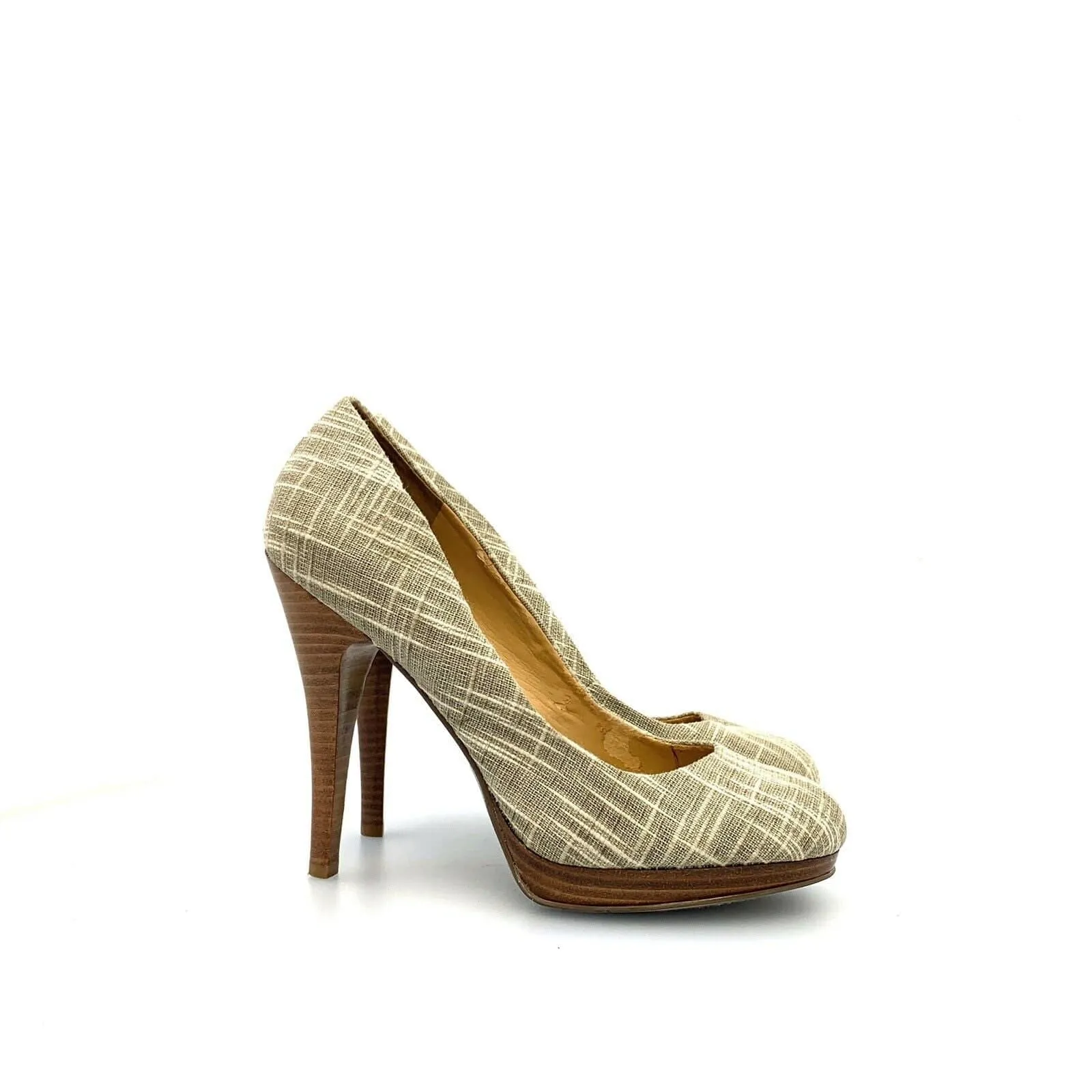 Nine West Womens Shoes NWTSTAYALIVE Size 7M Beige Cross-Hatch Textile Heels Latest Casual Shoes