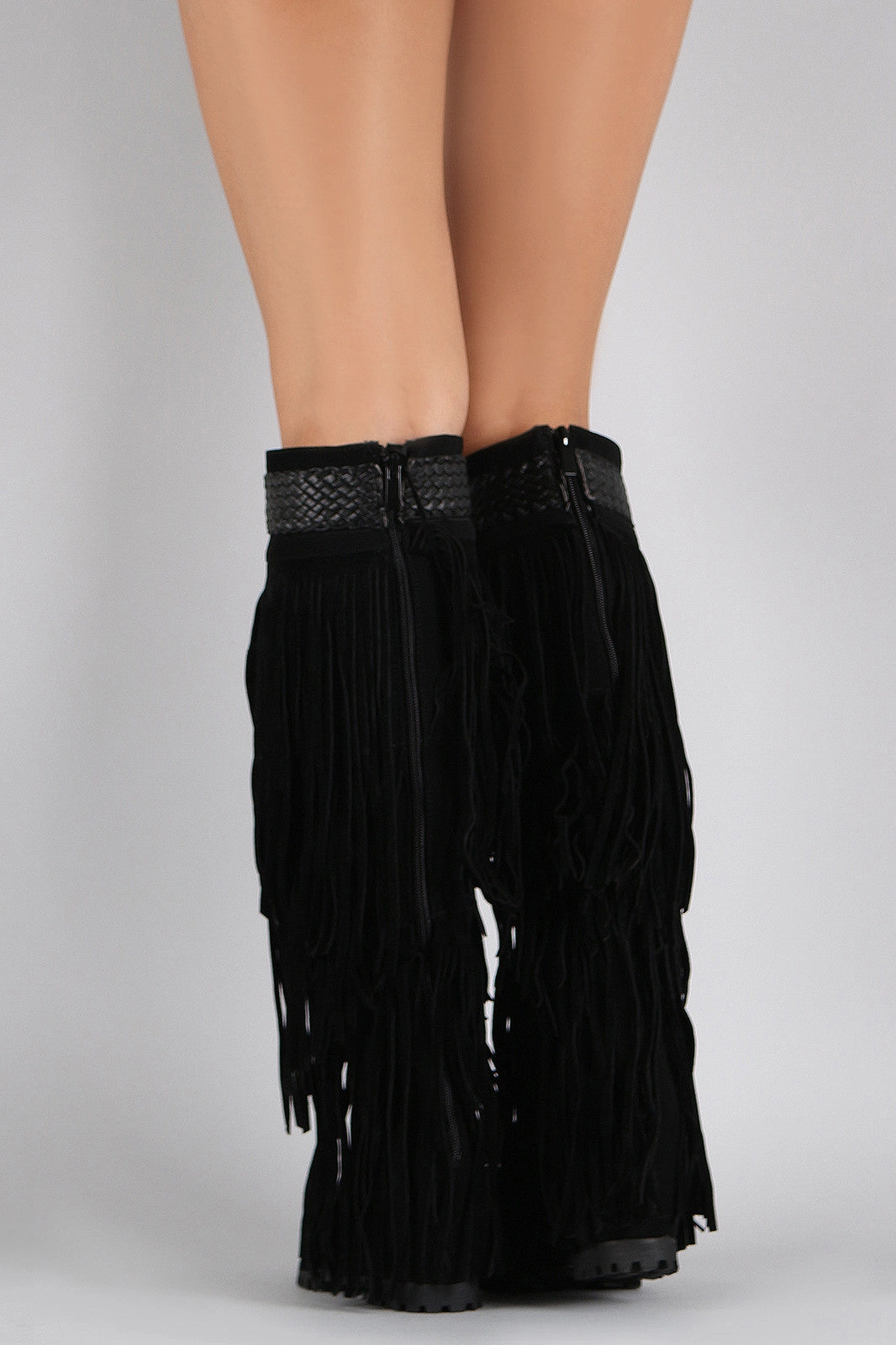 Knee High Boots With Mid Heel Fringe Woven Pointy Toe Knee High Hidden Wedge Boot