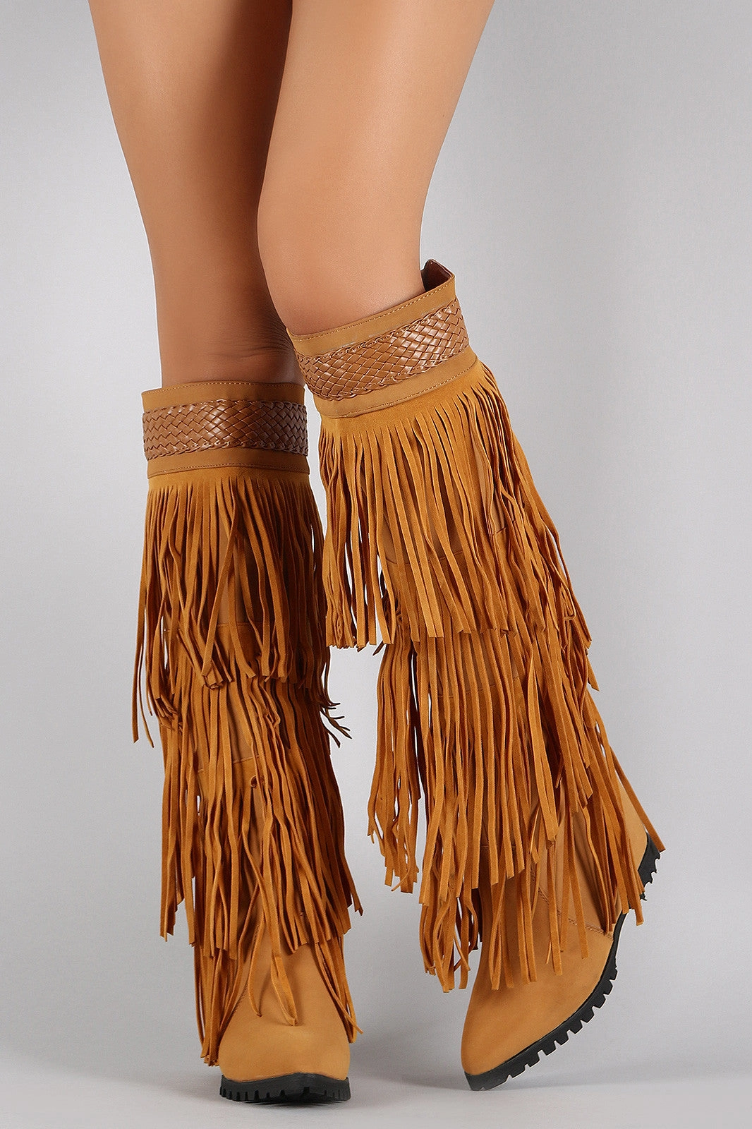Fringe Woven Pointy Toe Knee High Hidden Wedge Boot Shoes High Heels Platform