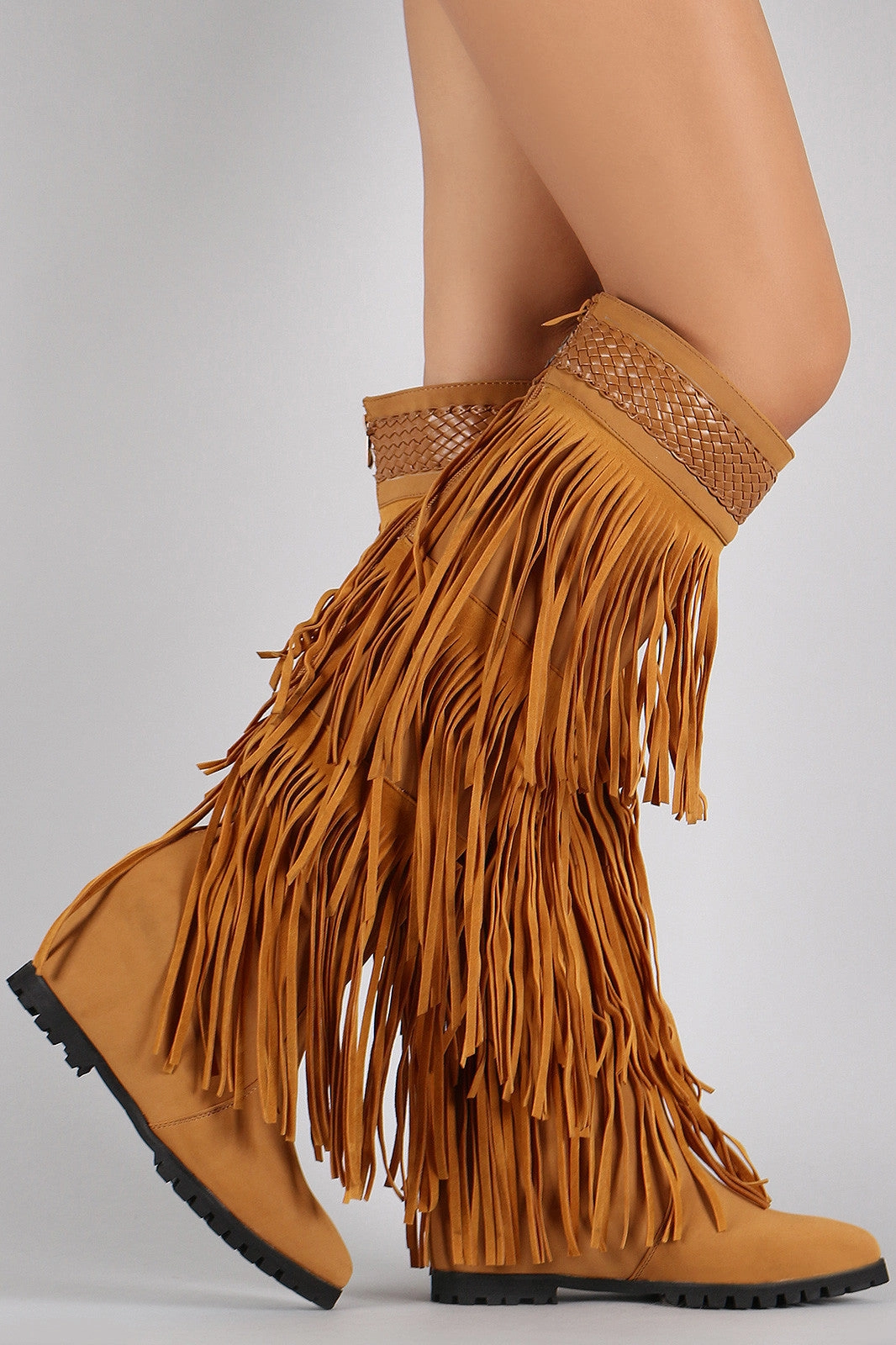 Fringe Woven Pointy Toe Knee High Hidden Wedge Boot Boot High Heels