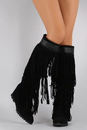 Fringe Woven Pointy Toe Knee High Hidden Wedge Boot High Heel Images Photos