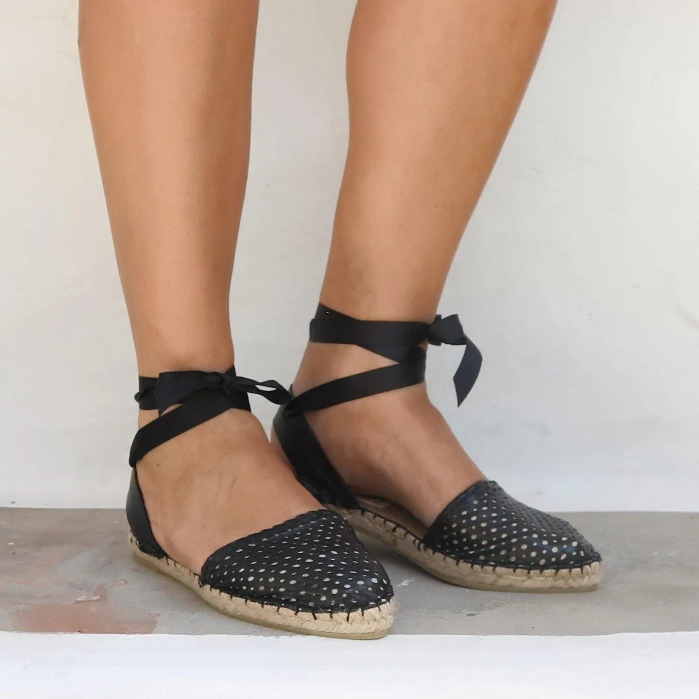 Peek a Boo Leather Espadrilles - Black Mule Sandals