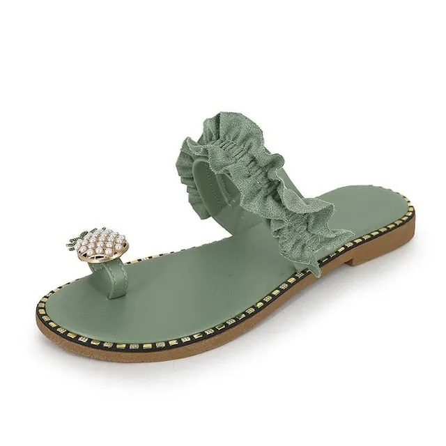 Pineapple & Ruffles Flat Sandals Womens Shoes Walking Flat Shoes