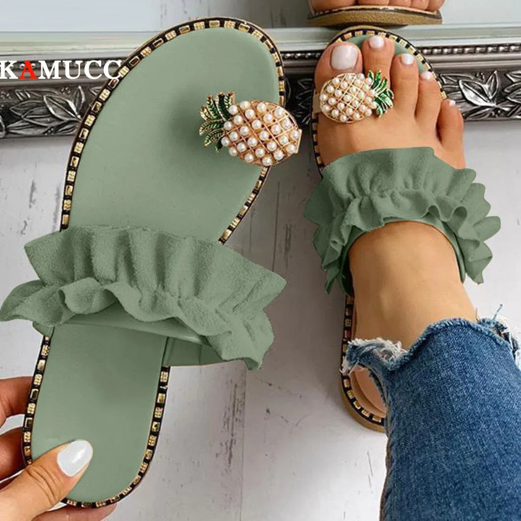 Cut Out Flat Shoes Pineapple & Ruffles Flat Sandals Womens Shoes