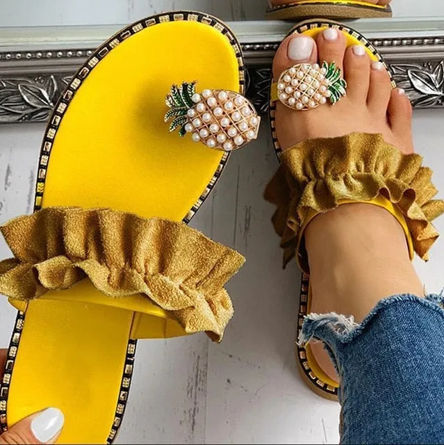 Faded Glory Shoes Flats Pineapple & Ruffles Flat Sandals Womens Shoes