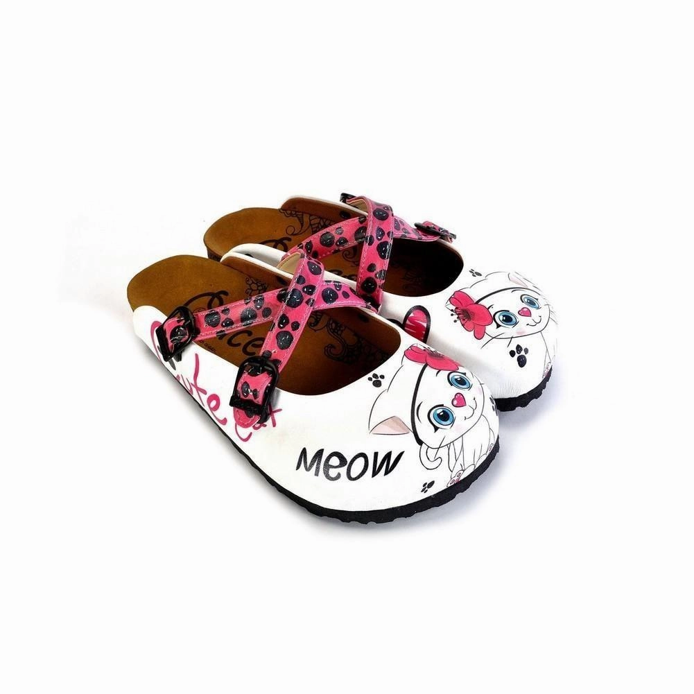Pink and Black Paw Patterned, White and Pink Cute Cat Patterned Clogs - WCAL174 Studded High Heels
