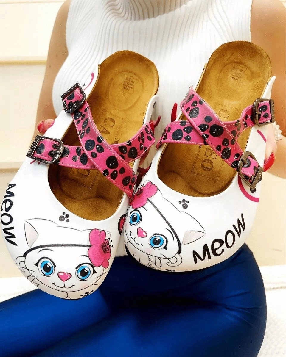 High Heel Boots With Wide Calf Pink and Black Paw Patterned, White and Pink Cute Cat Patterned Clogs - WCAL174