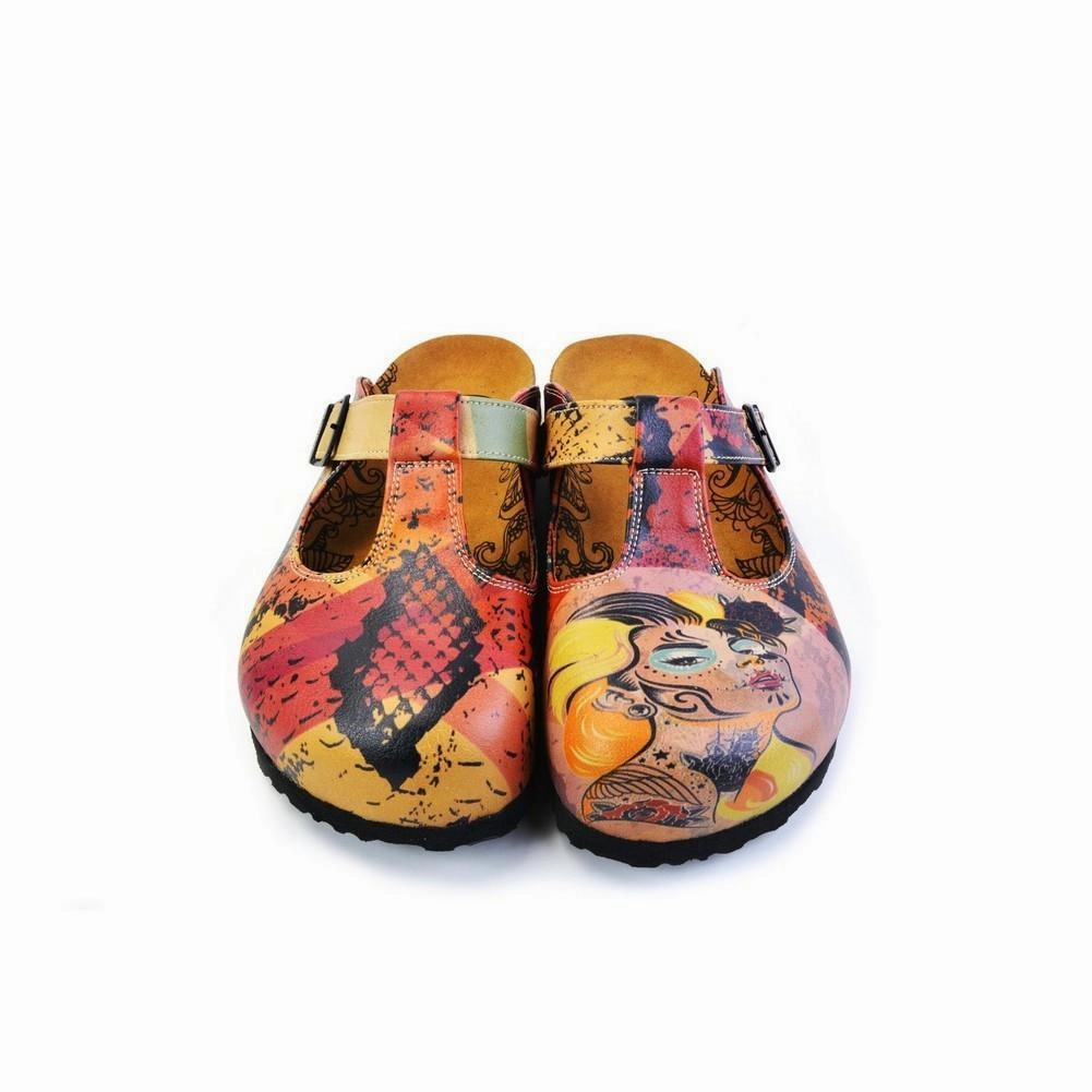 Pink, Red, Yellow Mixed Black Patterned Abstract Women Patterned Clogs - CAL1506 High Heel Wedges Shoes