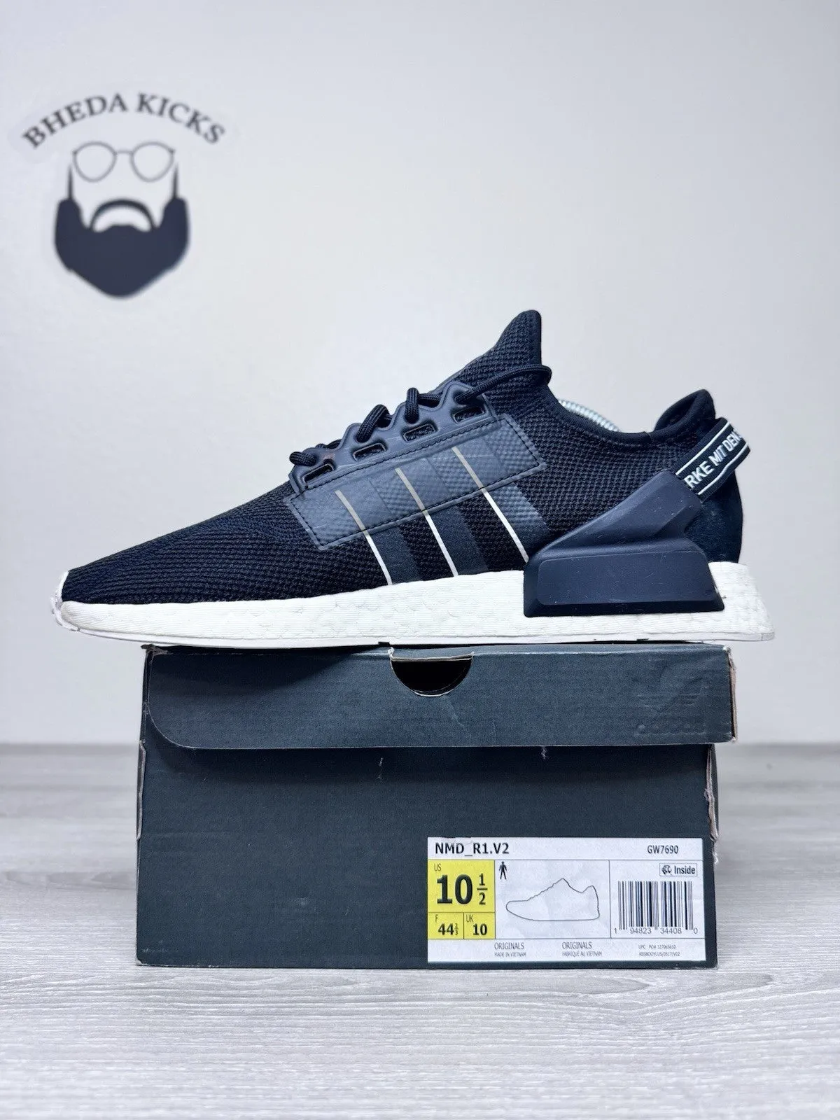 Size 10.5 - Adidas Nmd R1.V2 Men Running Athletic Shoes Core Black White GW7690 Illegal Running Shoes