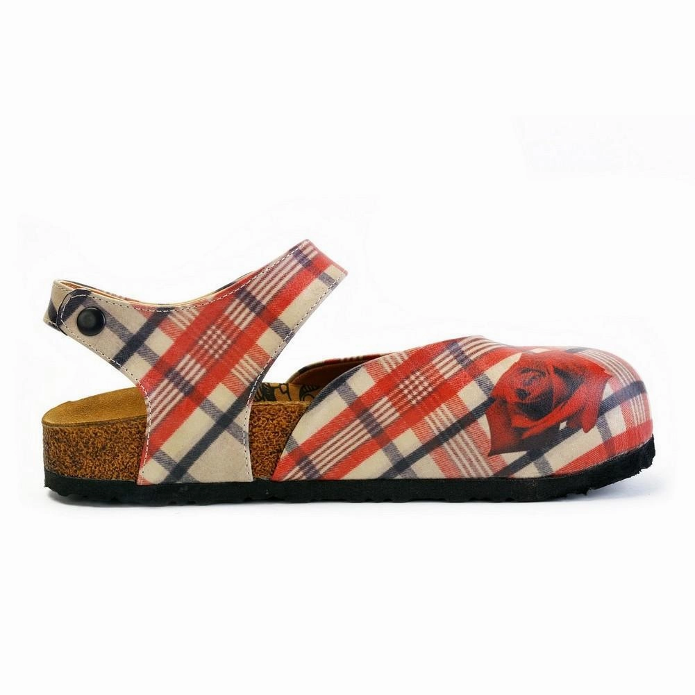 Pretty Feet And Heels Red, Beige, Black Lines and Red Rose Patterned Clogs - CAL1601