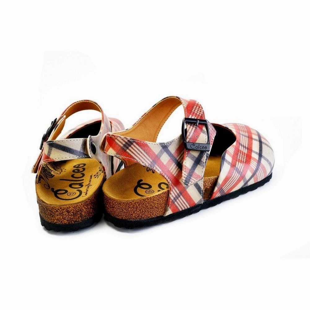 Red, Beige, Black Lines and Red Rose Patterned Clogs - CAL1601 High Heels With Bling