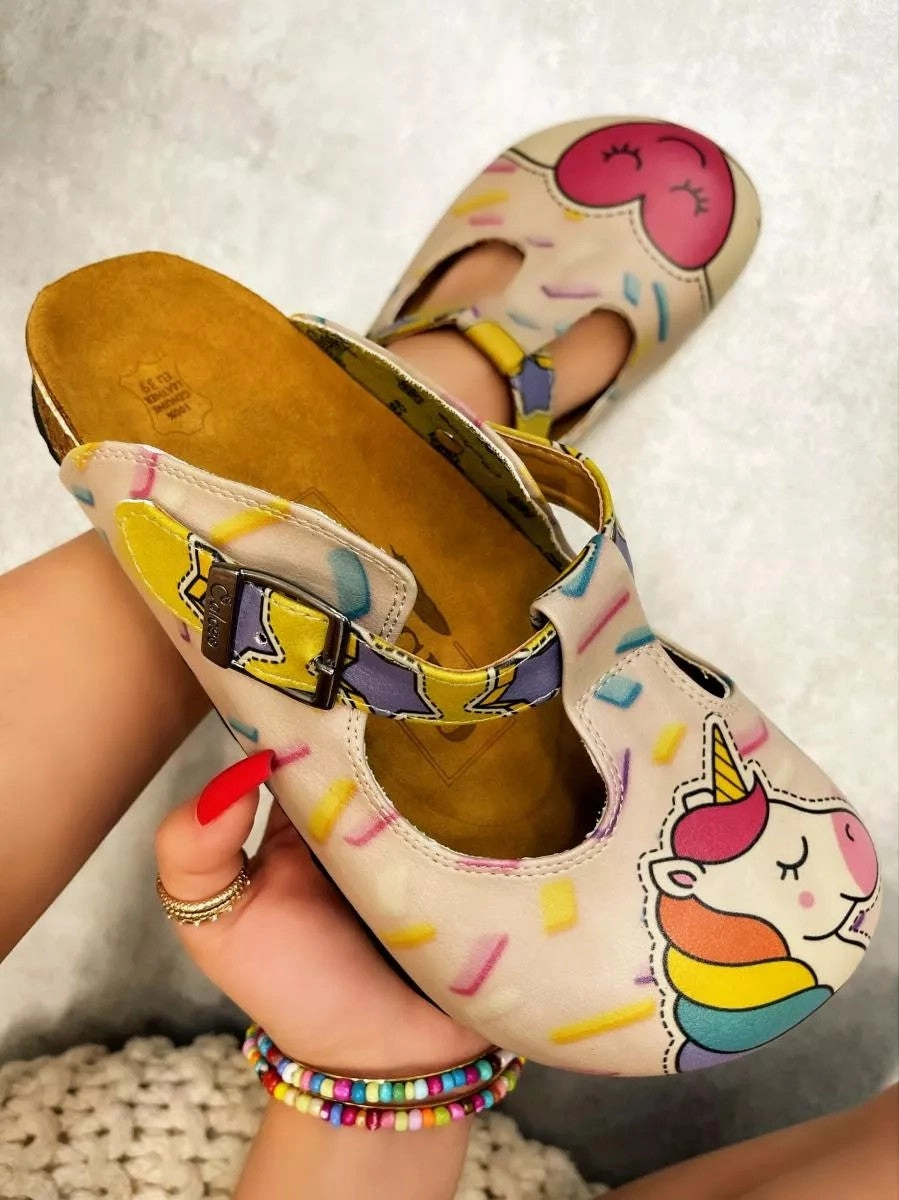 Ankle High Heels Shoes Pink Candy and Pink Unicorn, Pink Heart Patterned Clogs - CAL1507