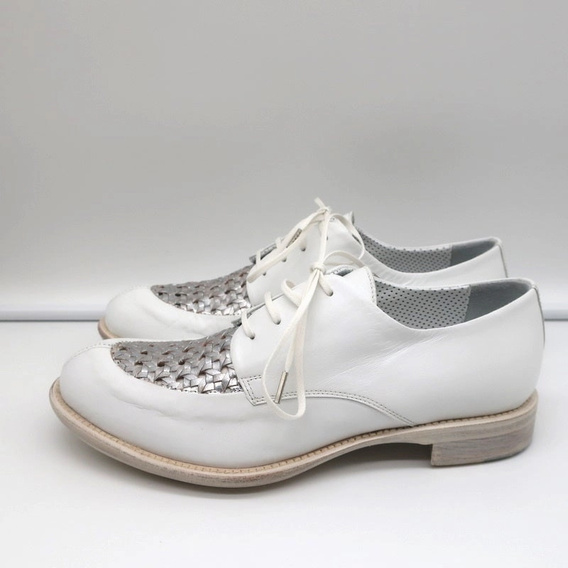 Rocco P Lace-Up Oxfords White & Silver Woven Leather Size 37.5 NEW Conard 2.0 Cap Toe Oxfords