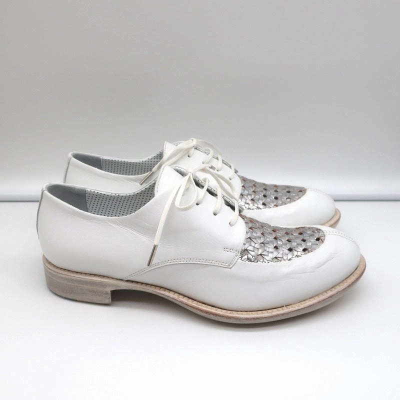 Oxford Wingtip Rocco P Lace-Up Oxfords White & Silver Woven Leather Size 37.5 NEW