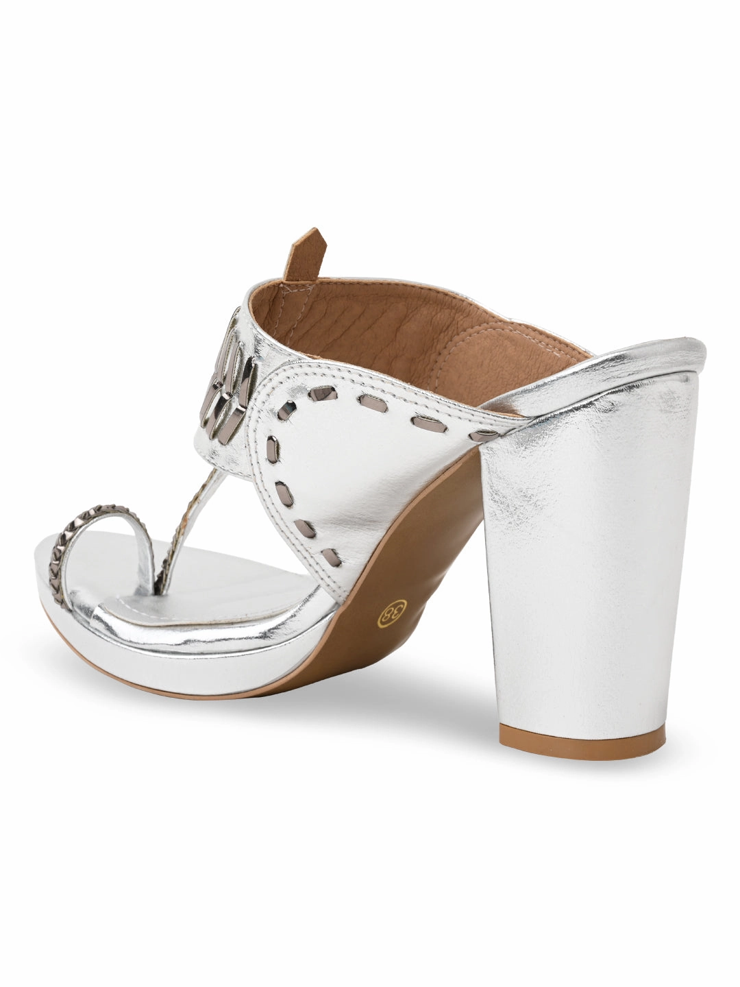 Rocia By Regal Silver Women High Block Heel Stylish Kolhapuris High Heels Pose